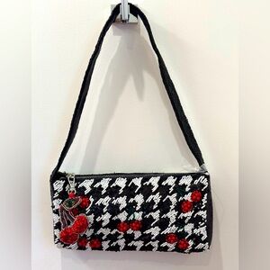 NWT Viral black and white houndstooth cherry pattern beaded baguette bag